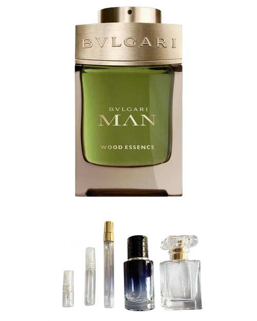 Bvlgari Man - Wood Essence original fragrance bottle shown with independently prepared True North sample atomisers. Original retail bottle not included.