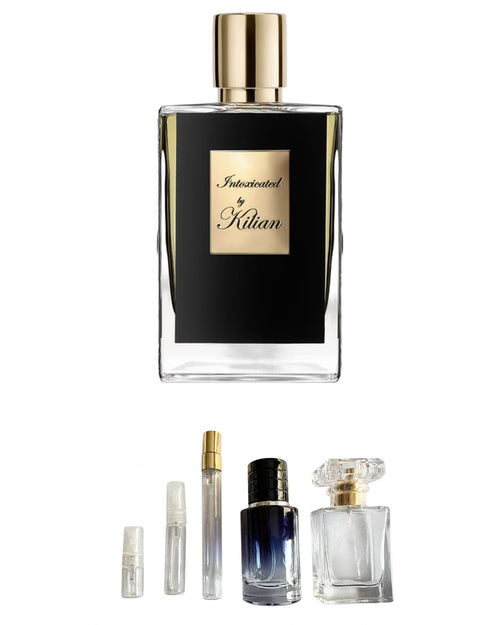 By Kilian Intoxicated original fragrance bottle shown with independently prepared True North sample atomisers. Original retail bottle not included.