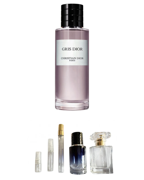 Dior Gris Dior original fragrance bottle shown with independently prepared True North sample atomisers. Original retail bottle not included.