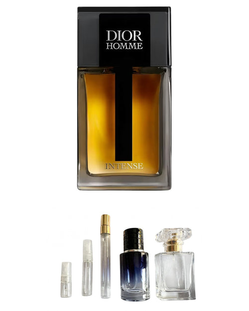 Dior Homme Intense original fragrance bottle shown with independently prepared True North sample atomisers. Original retail bottle not included.