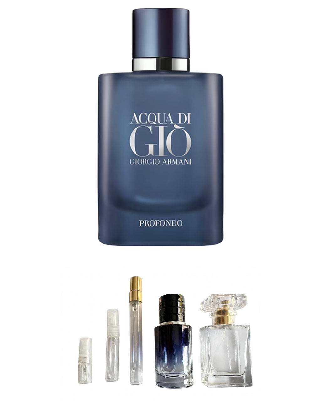 Giorgio Armani Acqua di Giò Profondo original fragrance bottle shown with independently prepared True North sample atomisers. Original retail bottle not included.