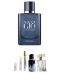 Giorgio Armani Acqua di Giò Profondo original fragrance bottle shown with independently prepared True North sample atomisers. Original retail bottle not included.