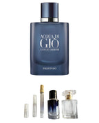 Giorgio Armani Acqua di Giò Profondo original fragrance bottle shown with independently prepared True North sample atomisers. Original retail bottle not included.