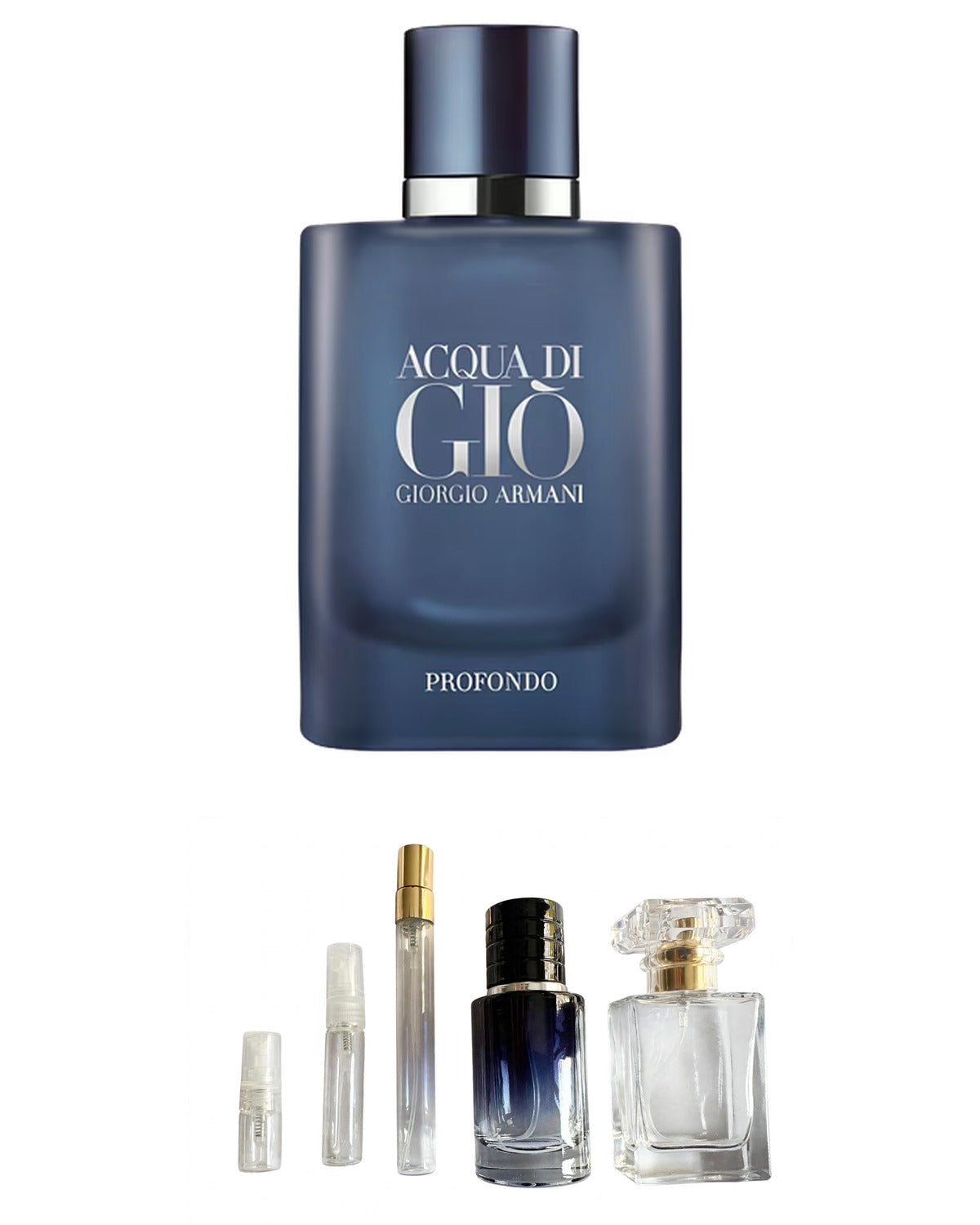 Giorgio Armani Acqua di Giò Profondo original fragrance bottle shown with independently prepared True North sample atomisers. Original retail bottle not included.