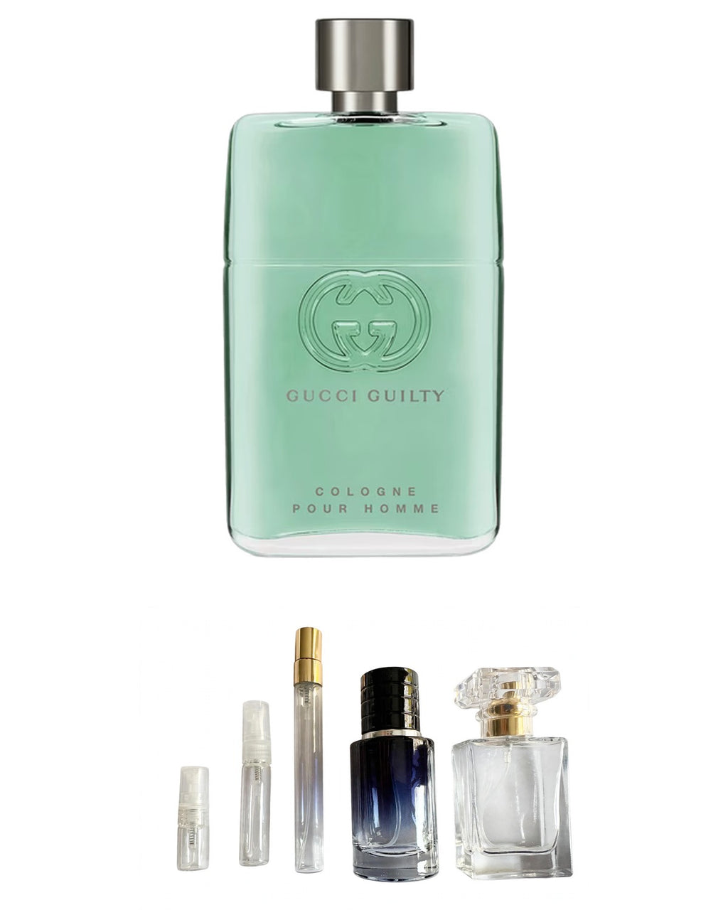 Gucci Guilty Cologne original fragrance bottle shown with independently prepared True North sample atomisers. Original retail bottle not included.