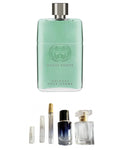 Gucci Guilty Cologne original fragrance bottle shown with independently prepared True North sample atomisers. Original retail bottle not included.