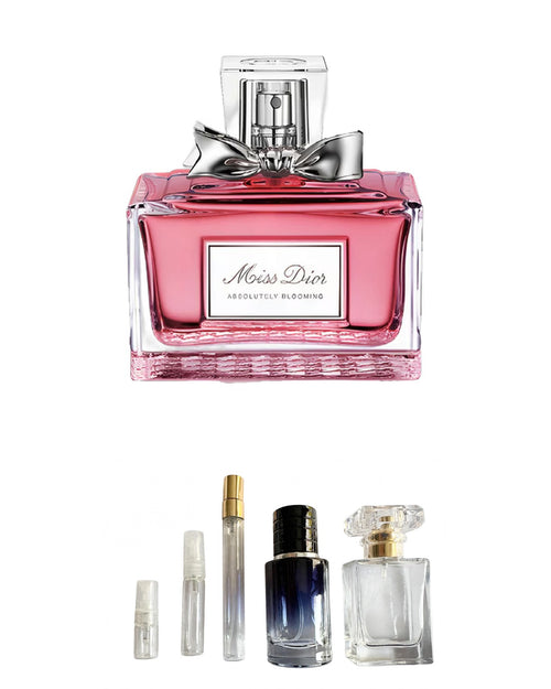Dior Miss Dior - Absolute Blooming original fragrance bottle shown with independently prepared True North sample atomisers. Original retail bottle not included.